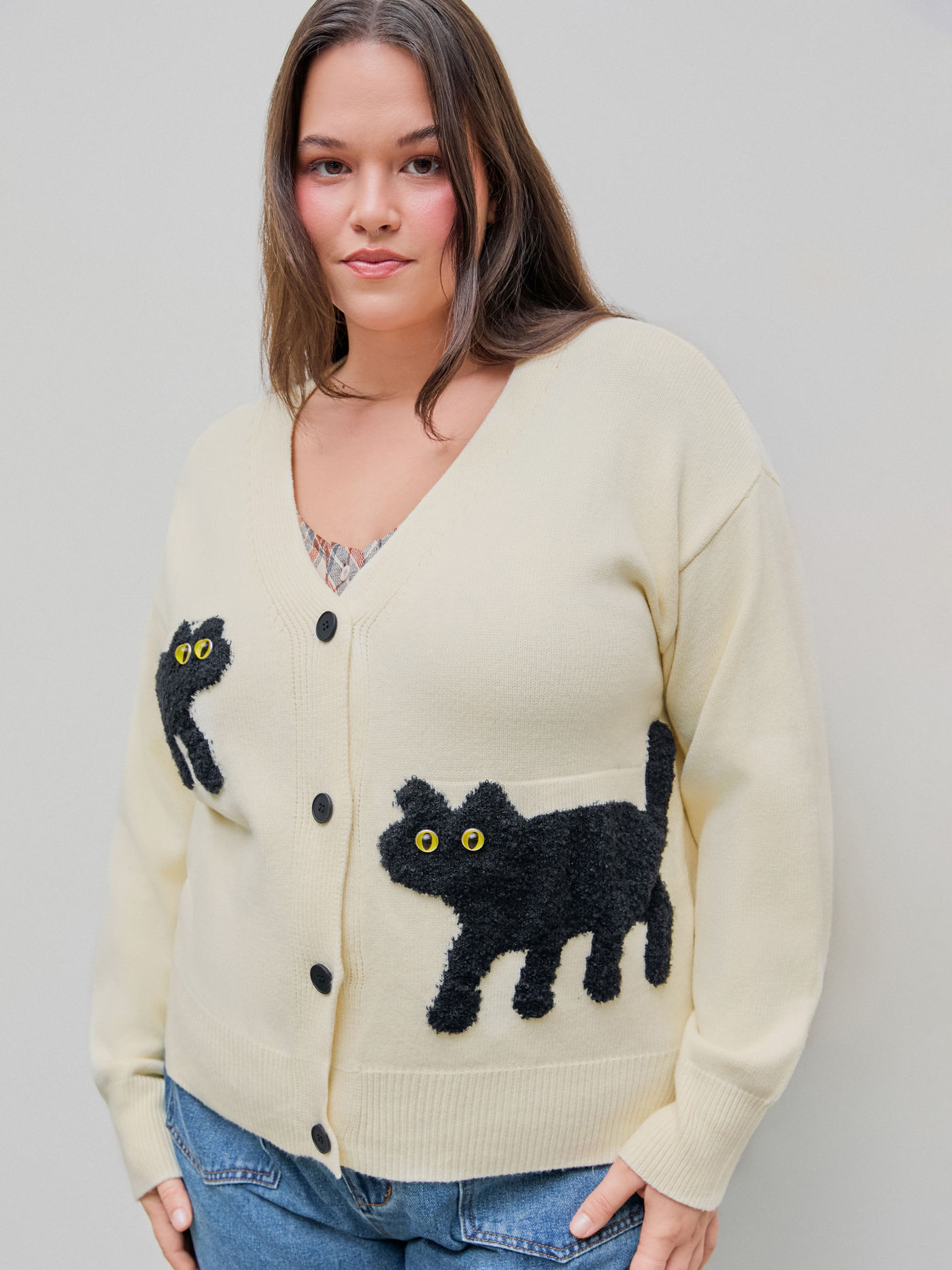 V-neck Cat Pattern Button Knitted Cardigan Curve & Plus