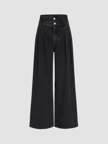 Double High Rise Solid Button Wide Leg Jeans