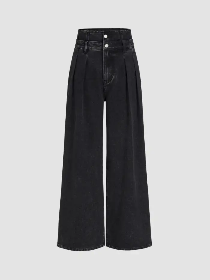 Double Waist Solid Button Wide Leg Jeans