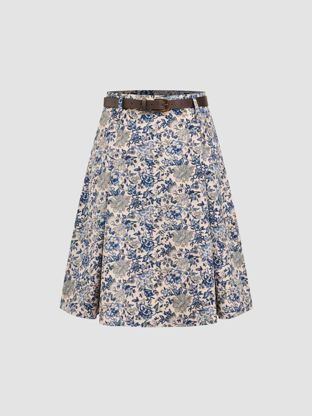 Corduroy Mid Waist Floral Belted Pleated Midi Skirt For Daily Casual ...