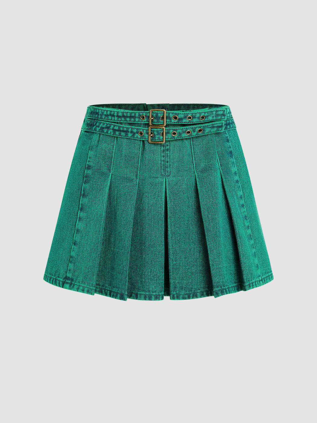  Falda Mini Plisada de Denim con Doble Cinturón