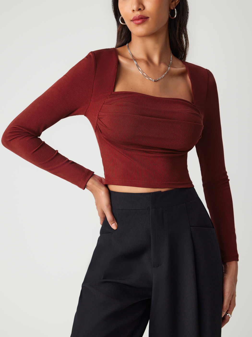 Square Neck Ruched Long Sleeve Top