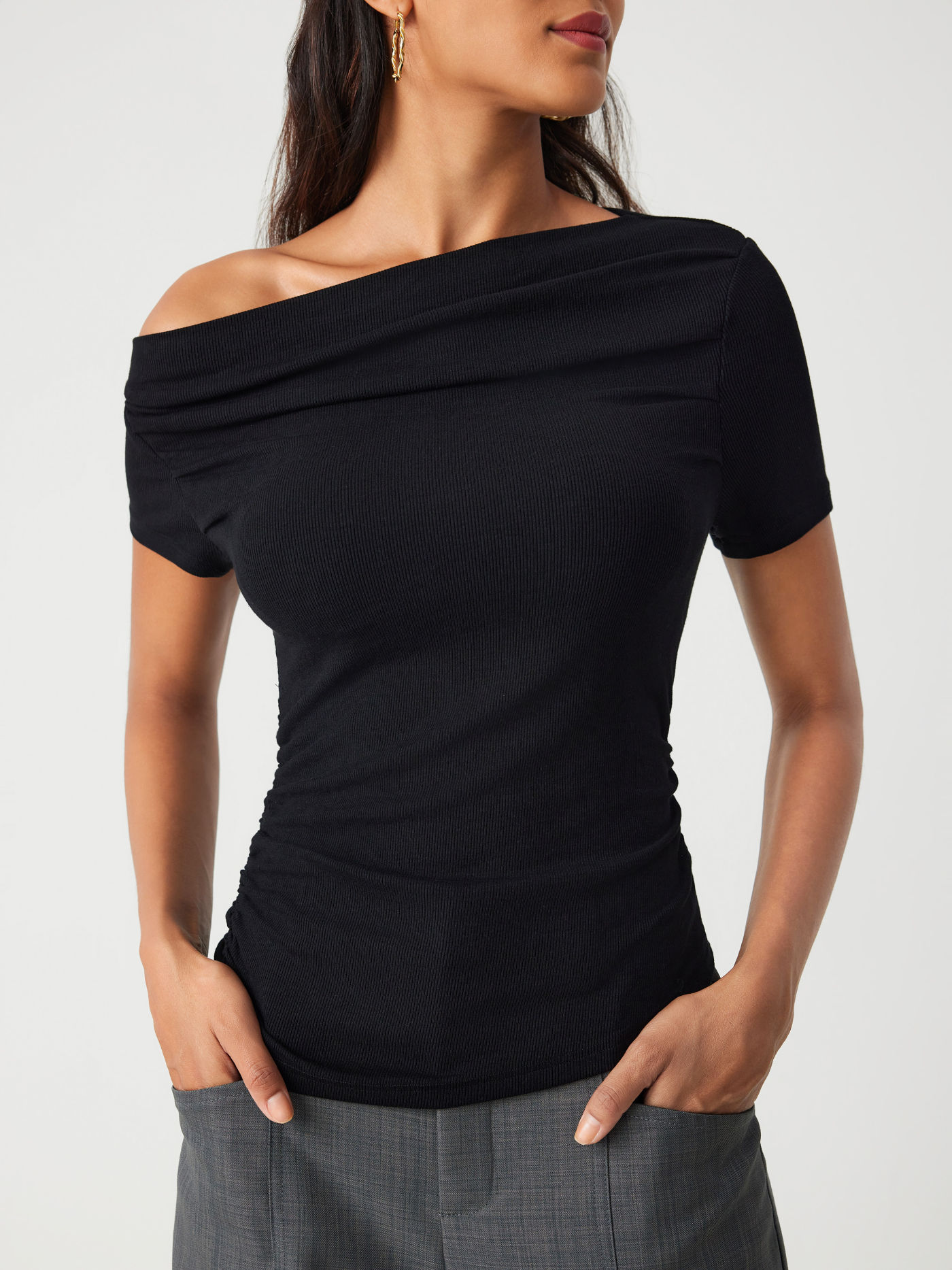 Asymmetrical Neck Ruched Short Sleeve Top