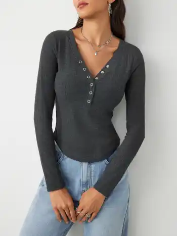 V-neck Elastic Button Long Sleeve Top