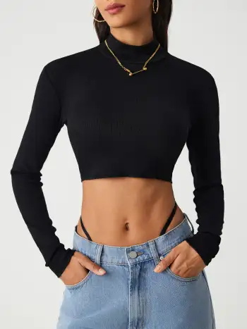 Knit High Neck Floral Embroidery Long Sleeve Crop Top