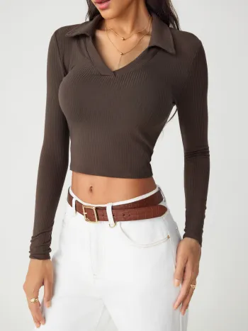 Solid Collar Long Sleeve Crop Top