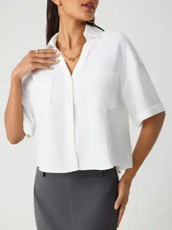 Collar Pocket Short Sleeve Crop Shirt