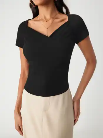 Jersey Sweetheart V-Ausschnitt Kurzarm Top