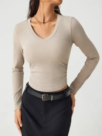 Rib Sweetheart Solid Long Sleeve Crop Tee