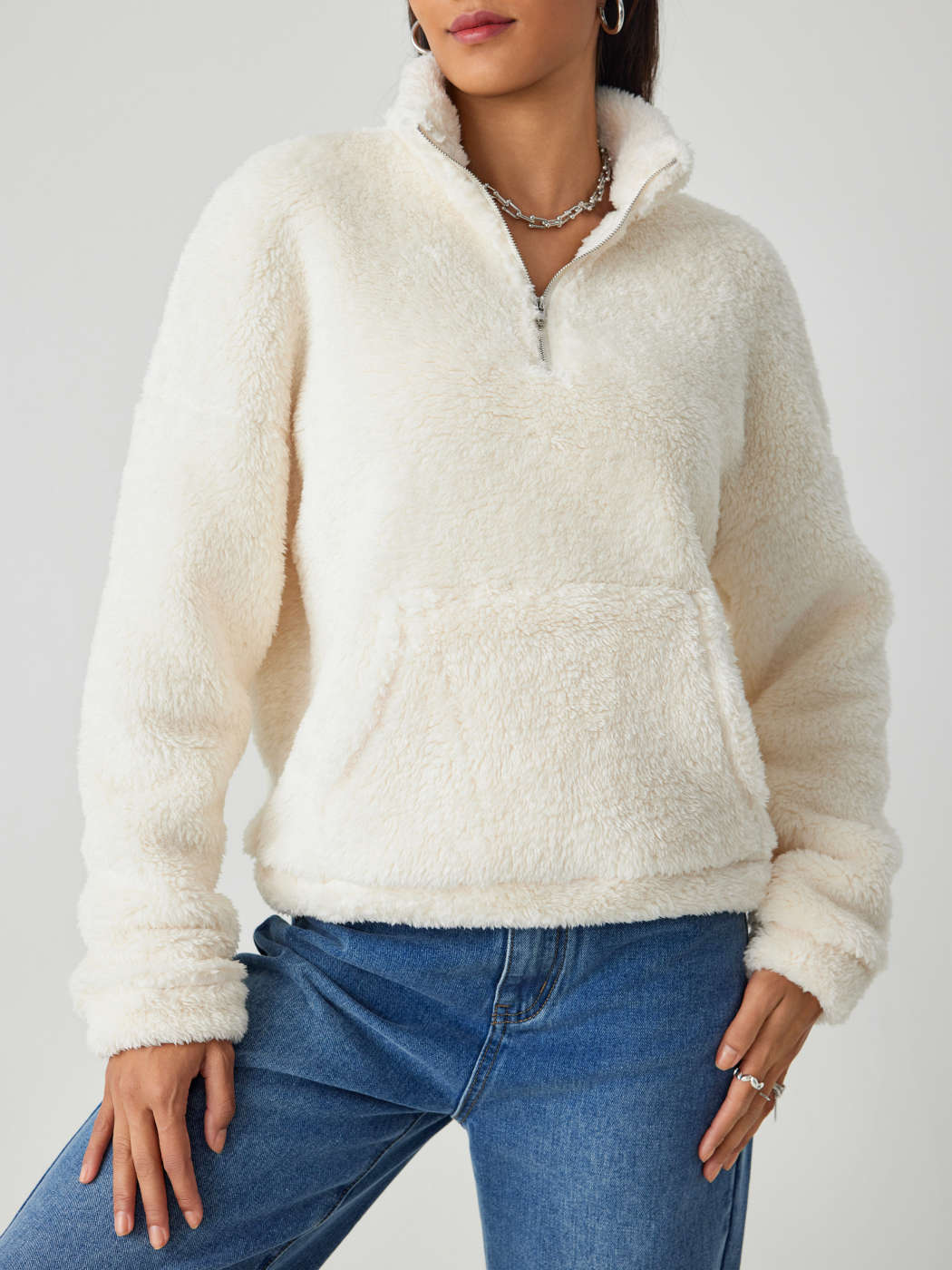 Basic Thermal Fleece Fleece Stand Collar Solid Pocket Sweatshirt