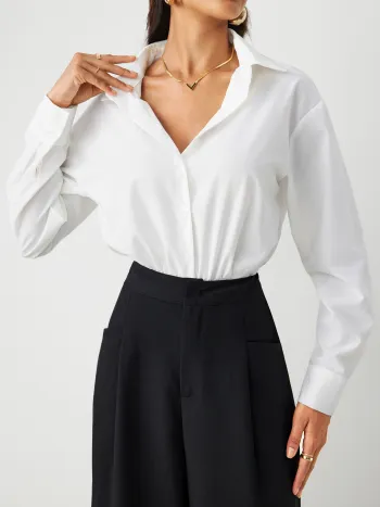 Collar Solid Button Long Sleeve Shirt Bodysuit