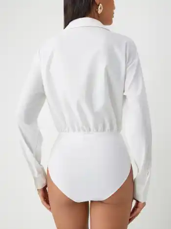 Collar Solid Button Long Sleeve Shirt Bodysuit