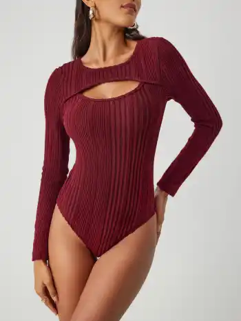 Rib Solid Cut Out Bodycon Bodysuit