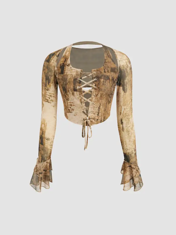 Mesh Mesh Halter Neck Tie Dye Lace Up Crop Top Bell Sleeve Shrug