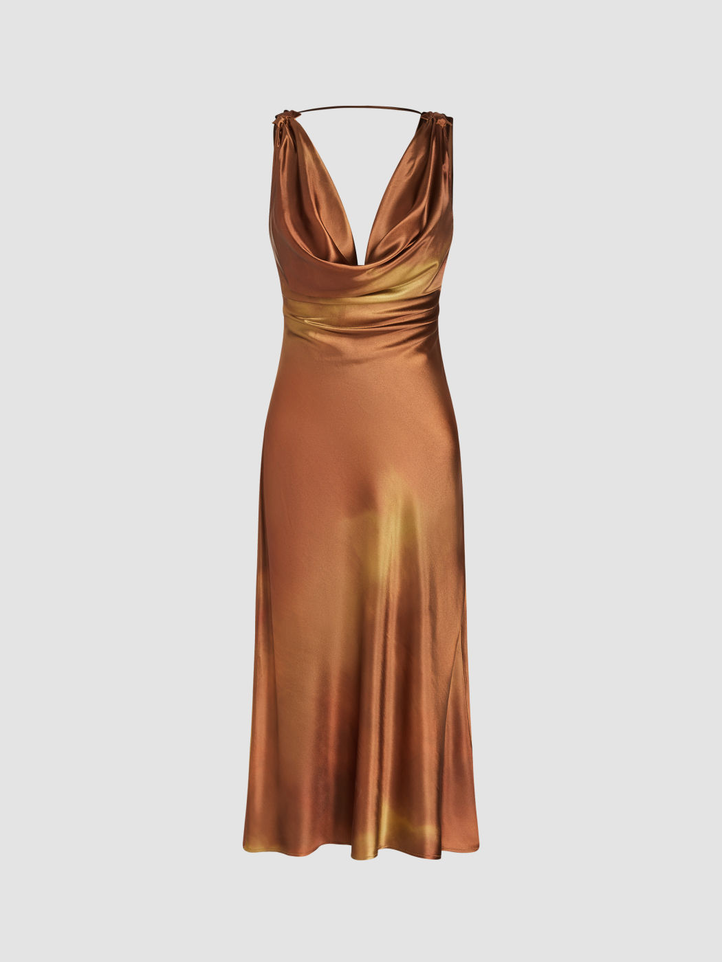 Satin Cowl Neck Asymmetrical Backless Tie Dye Maxi Dress