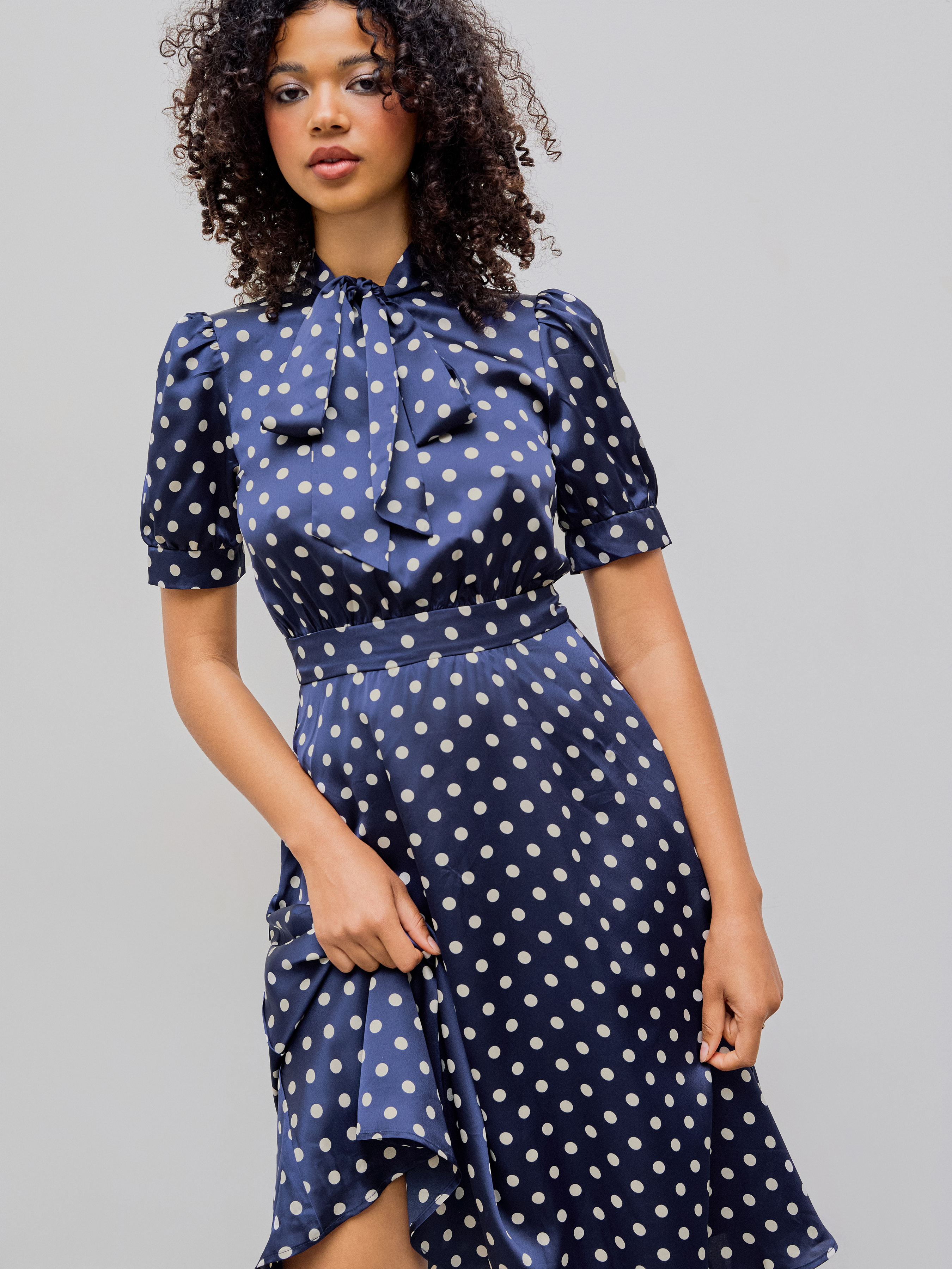 Robe Midi Manches Bouffantes Pois avec N ud Papillon Cider