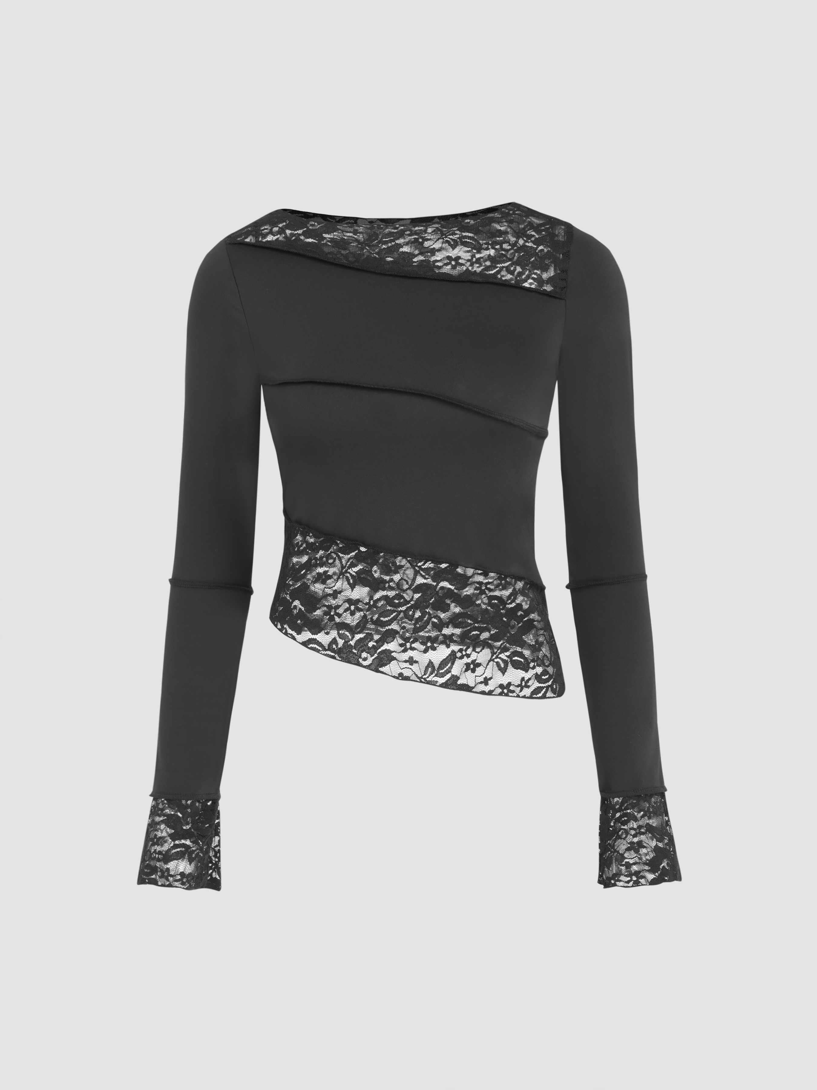 トップス draw drawers Lace Boat Neck T-shirts Jersey Boat Neck Lace Long Sleeve Top For Date Party/Clubbing
