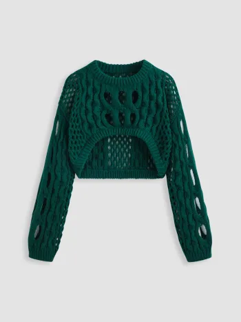 Strick Rundhalsausschnitt Hollow Out Langarm Crop Top