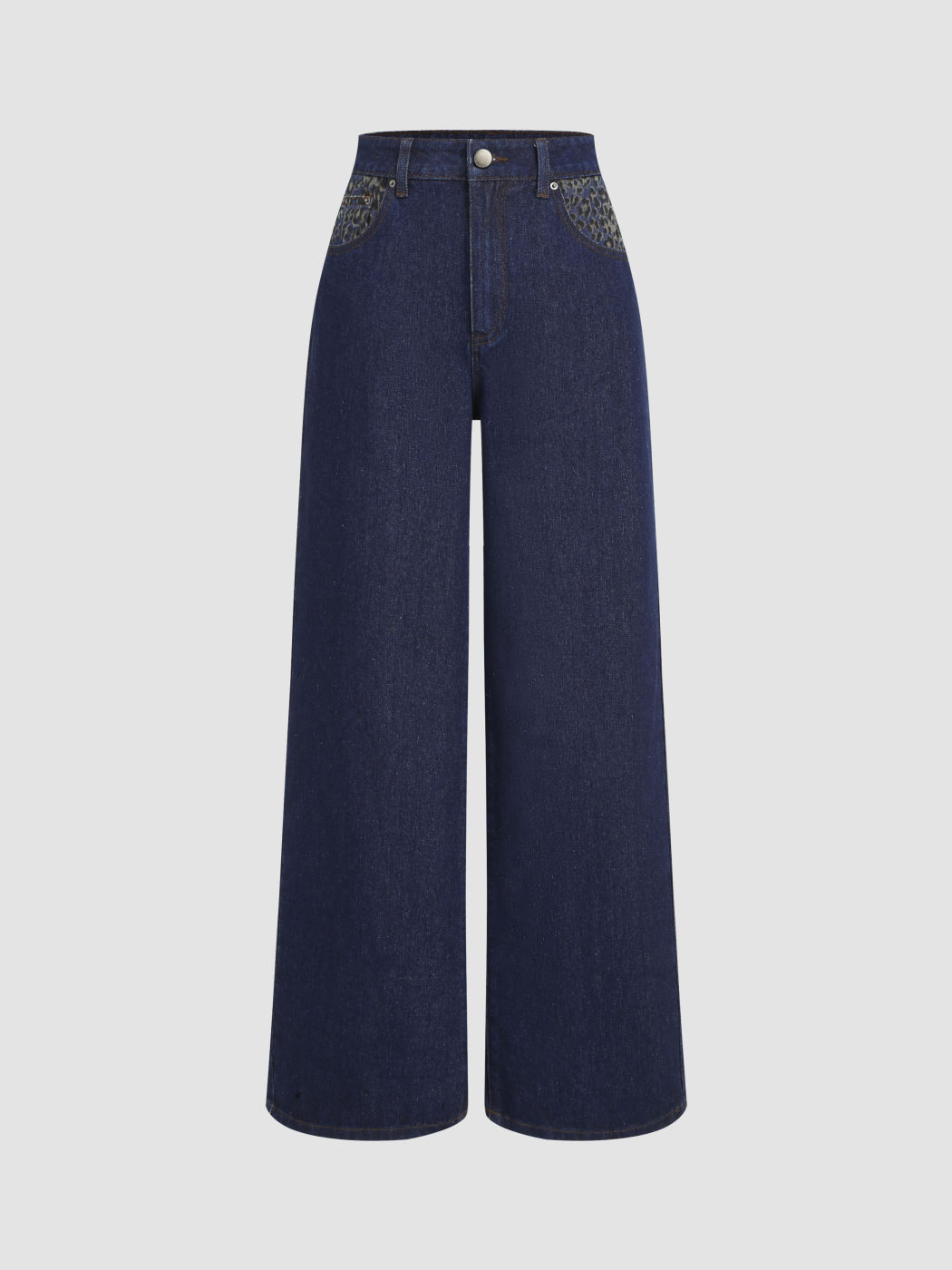 Denim Mid Waist Leopard Pocket Wide Leg Jeans