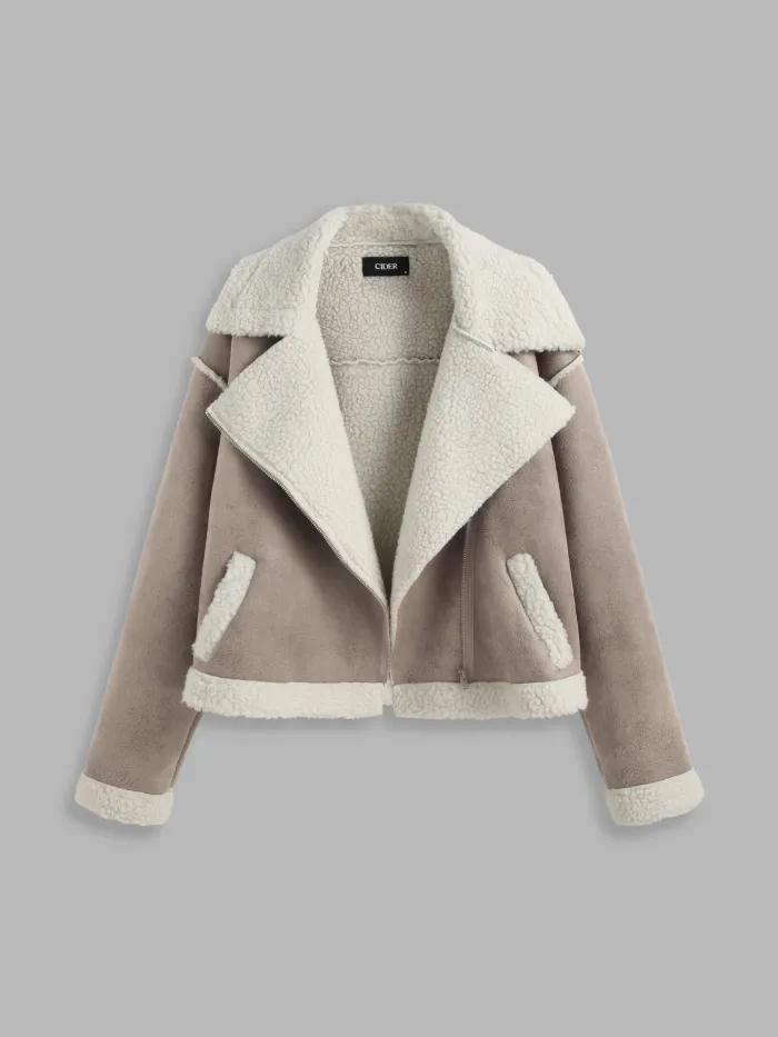 Fleece Funnel Neck Print Drawstring Oversized Jacket