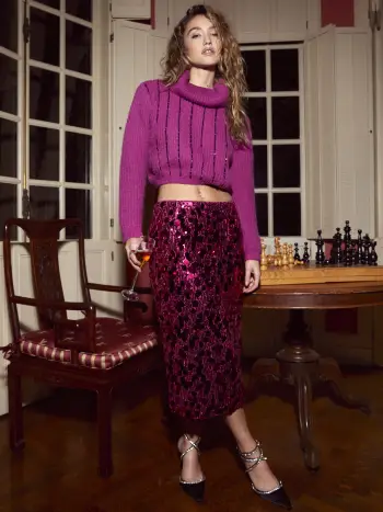 Sequin Mid Waist Split Midi Skirt