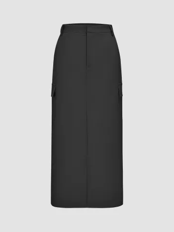 High Waist Solid Split Maxi Cargo Skirt