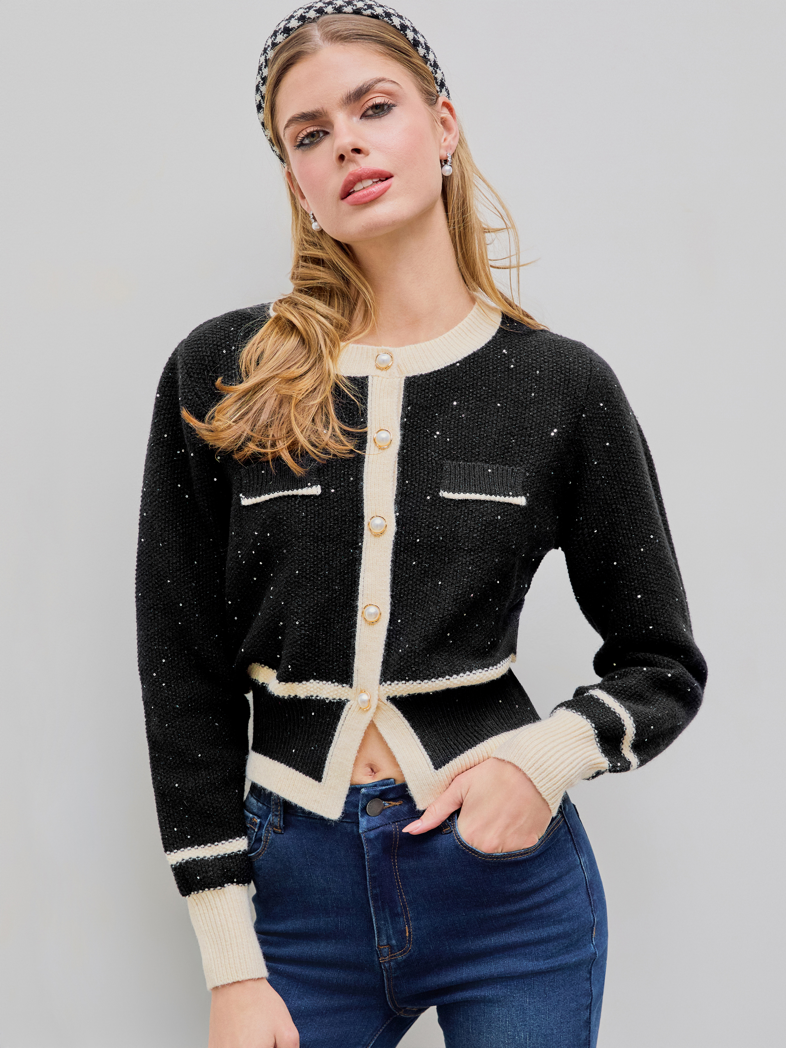 Sequin Contrasting Binding Faux Pearl Button Knitted Cardigan - Cider