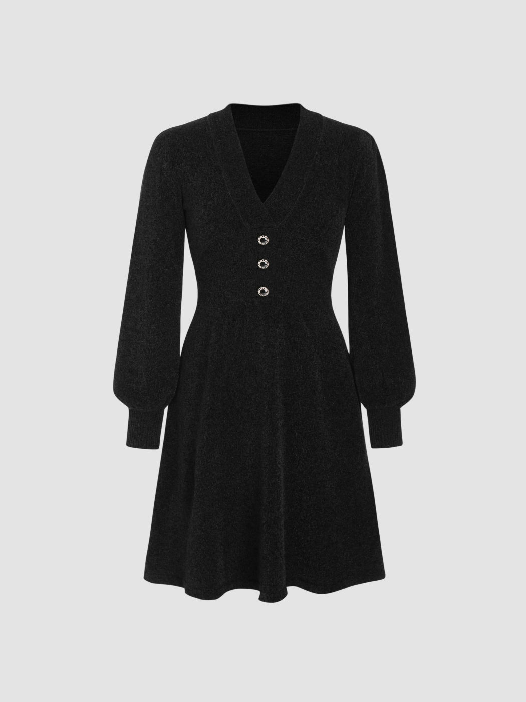 V-neck Button Ruffle Knitted Midi Dress