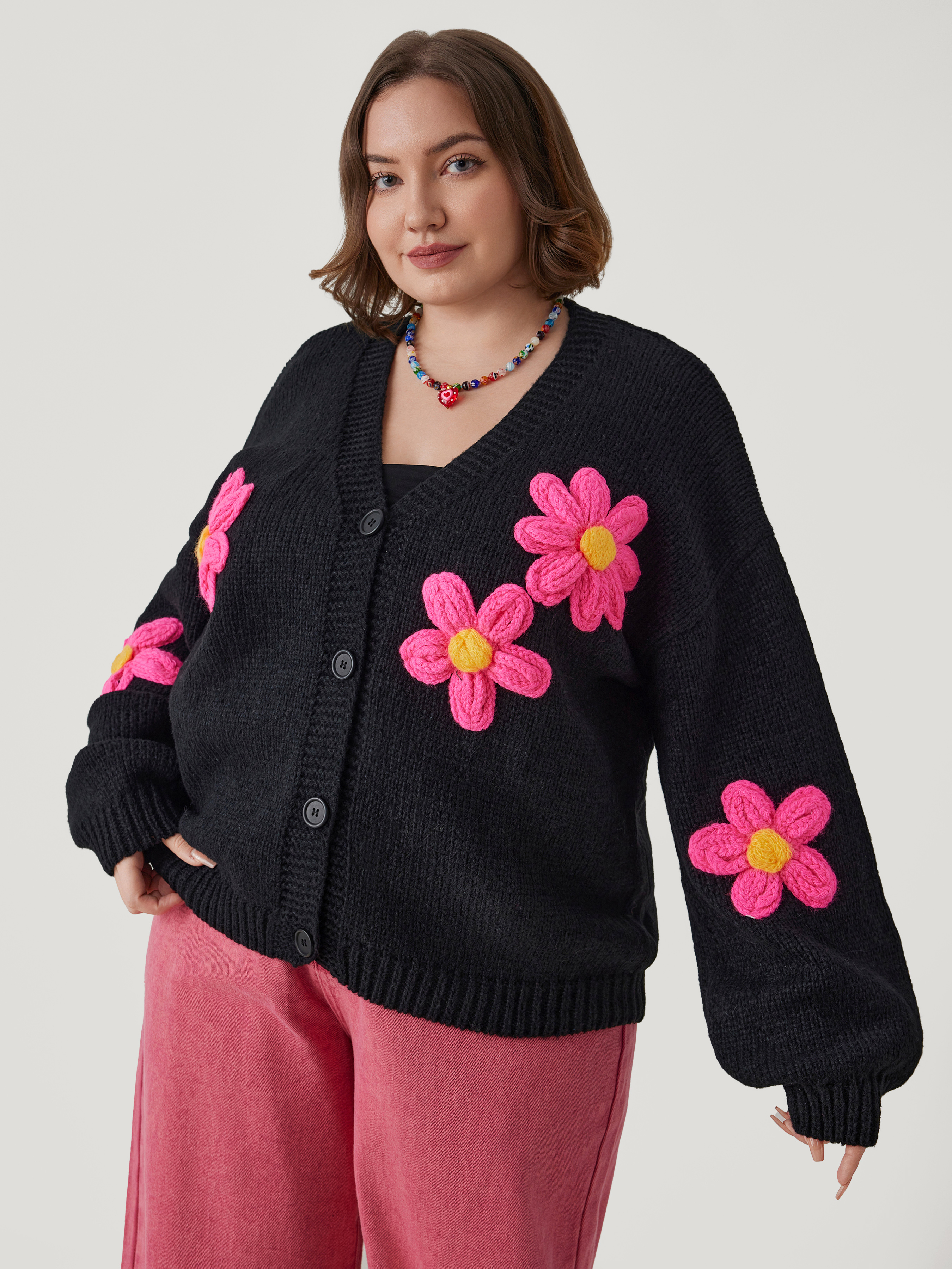 Knit V-neck 3D Flower Button Cardigan Curve & Plus For Daily