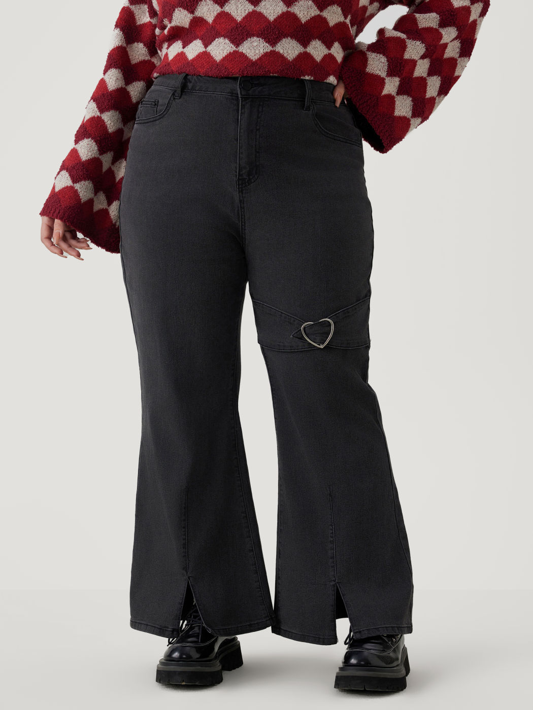  Denim Mittlere Taille Einfarbige Ausgestellte Jeans Kurve & Plus