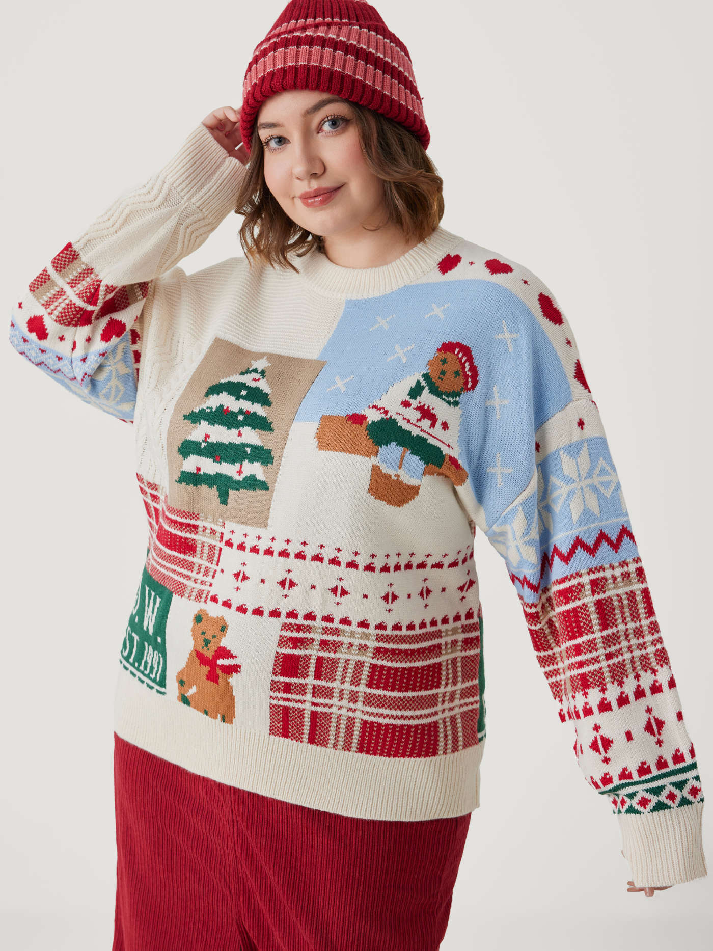 Round Neck Bear Graphic Knitted Long Sleeve Top Curve & Plus