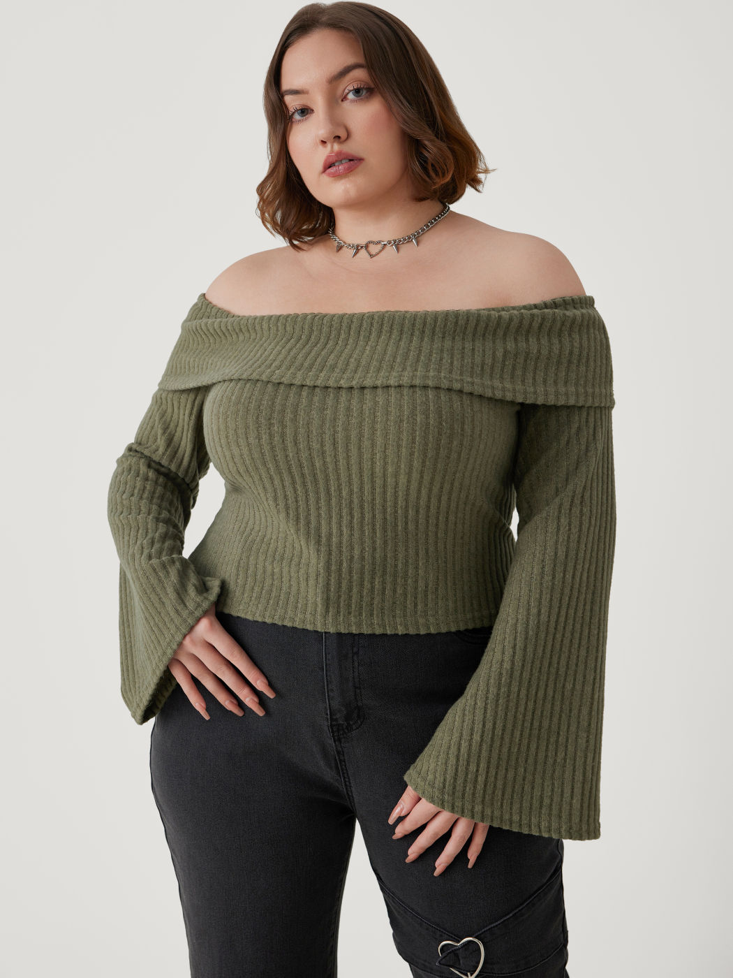 Off-shoulder Solid Knitted Long Sleeve Top Curve & Plus