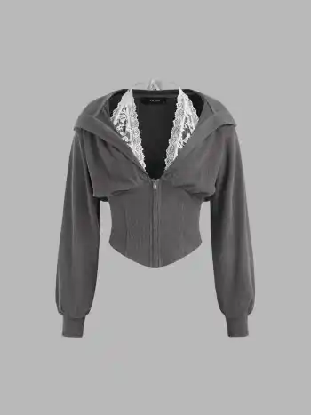 Rib Lace Halter Contrasting Binding Hoodie