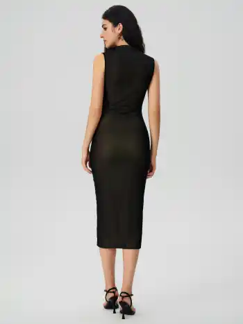 Mesh Ruched High Neck Midi Dress