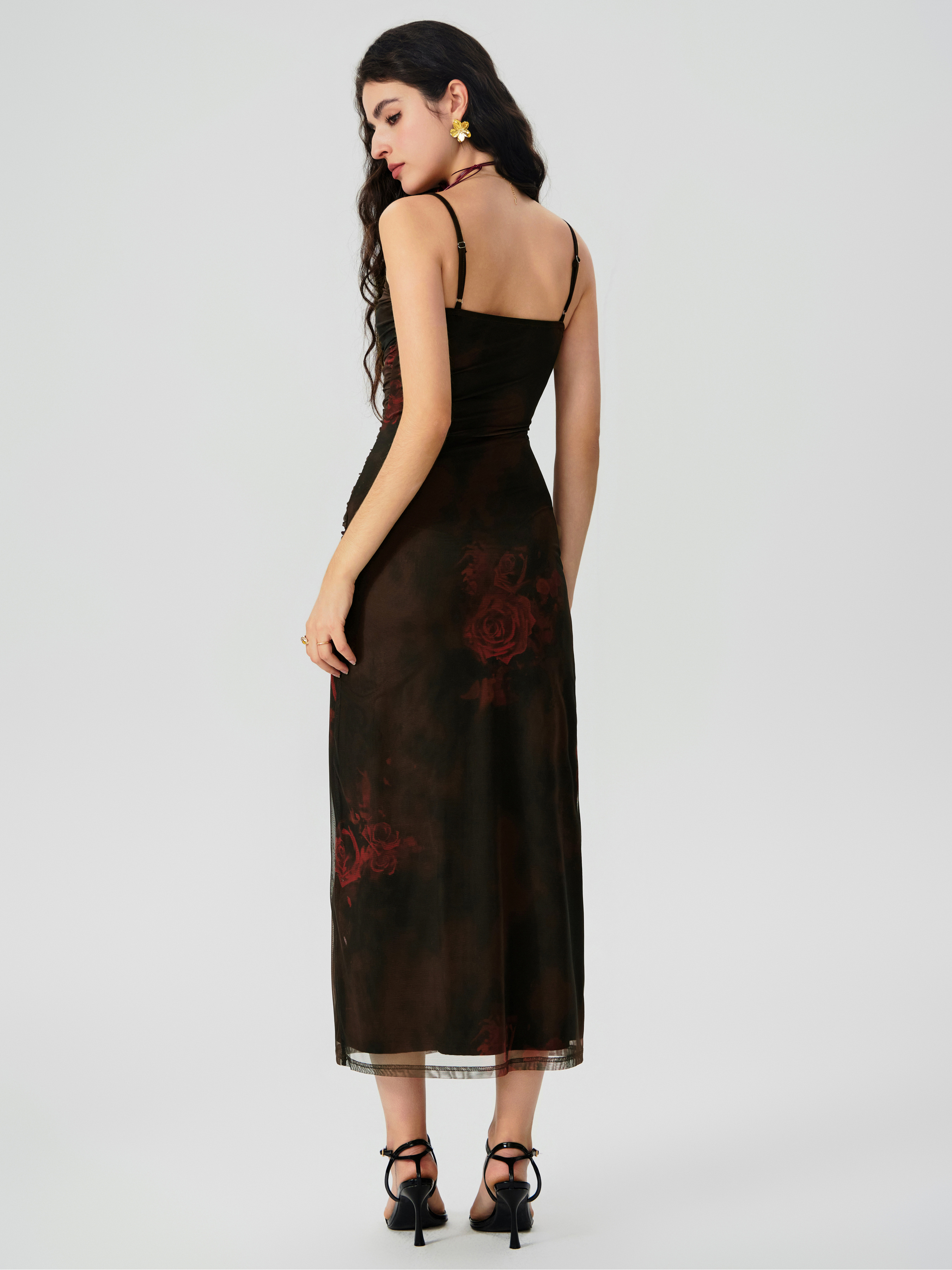 Floral Ruched Mesh Maxi Dress