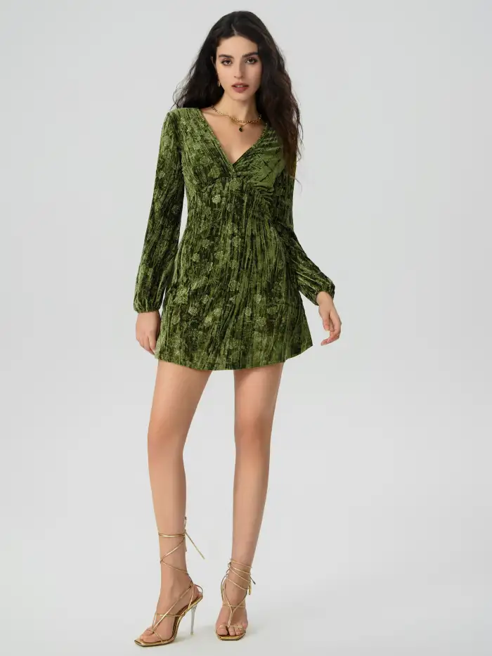 Graduation Dress Grad Dresses Velvet Velvet V-neck Floral Ruffle Mini Dress  For Daily Casual Date Coffee Shop
