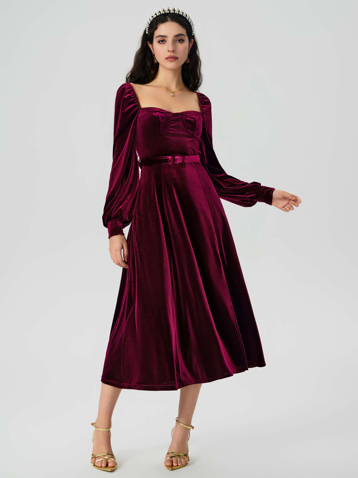 Velvet Belted Puff Sleeve Midi Dress