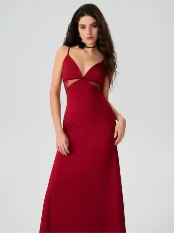 Spitzen-Saum Satin V-Ausschnitt Midikleid