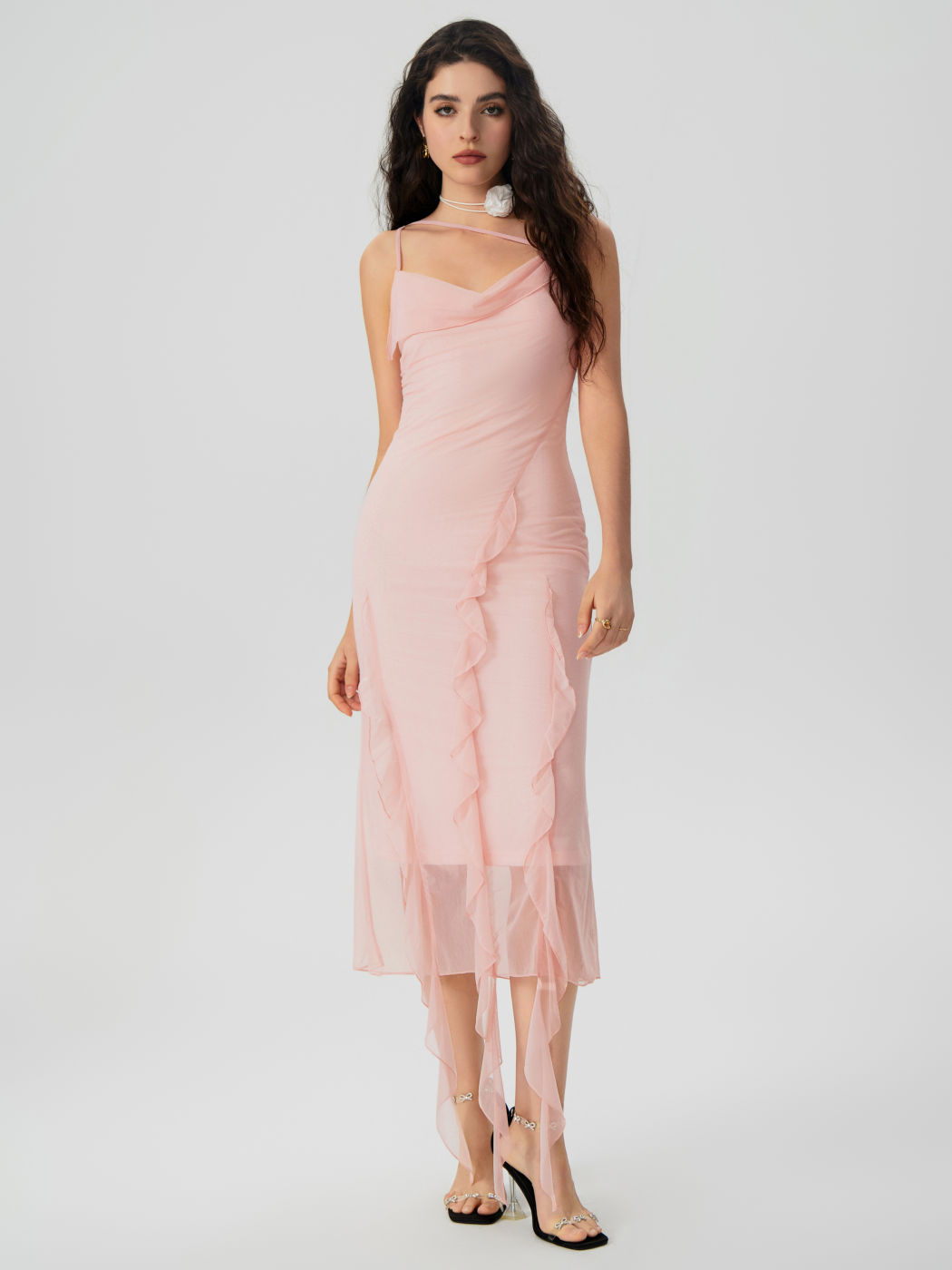 Mesh-Ruffle-Hem-Ruched Midikleid