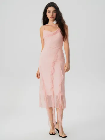 Mesh Ruffle Hem Ruched Midi Dress