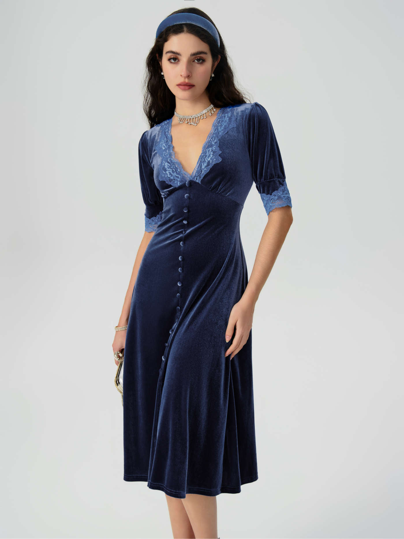 Velvet V-neck Solid Puff Sleeve Lace Maxi Dress
