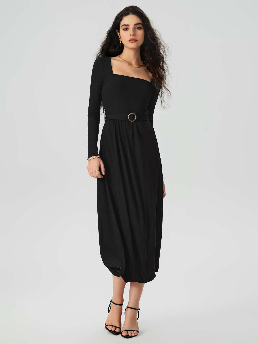 Knit Fabric Square Neck Belted Midi Dress With Belt For Daily