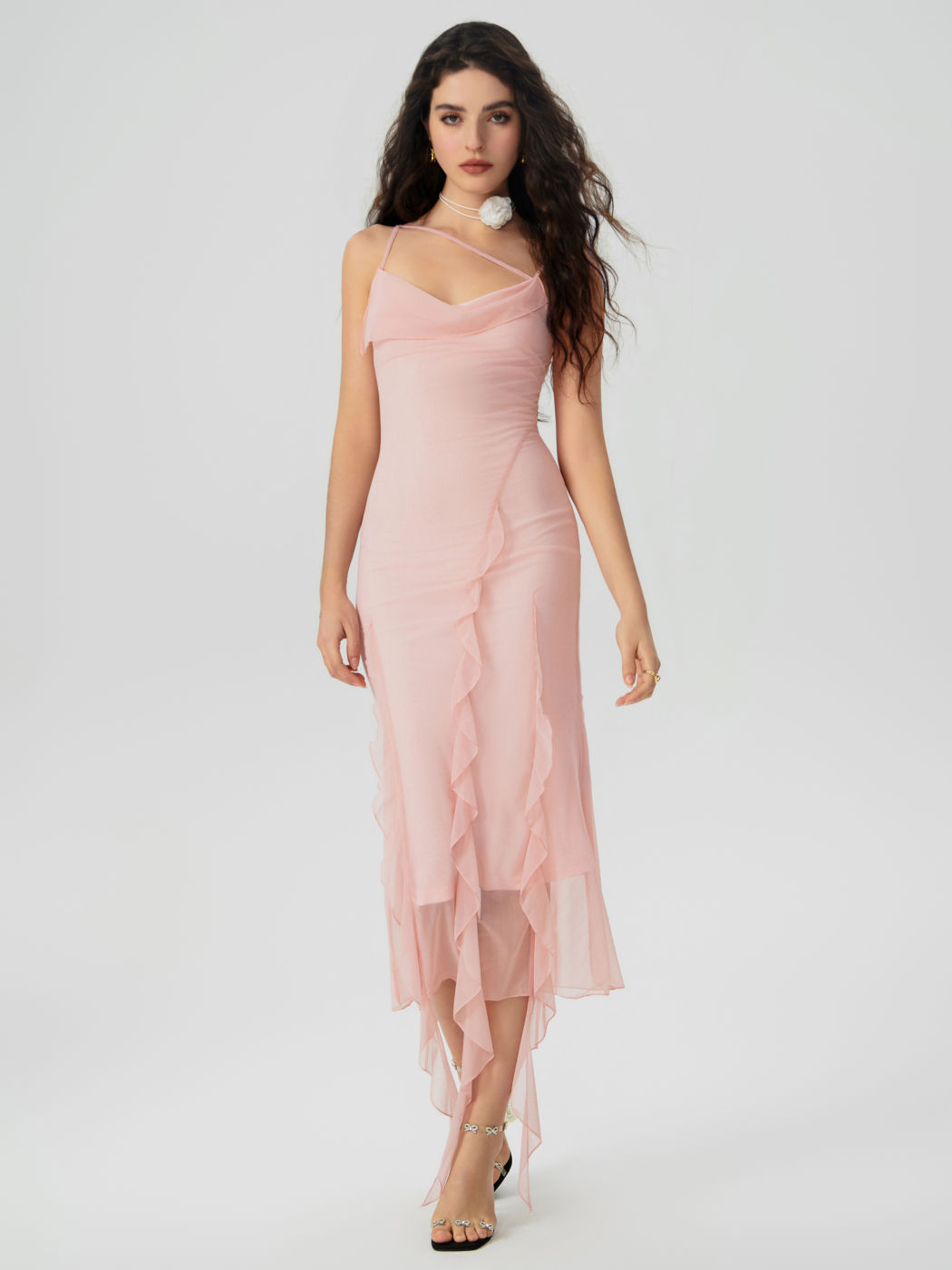 Mesh-Ruffle-Hem-Ruched Midikleid