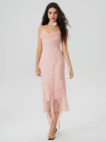 Mesh Ruffle Hem Ruched Midi Dress