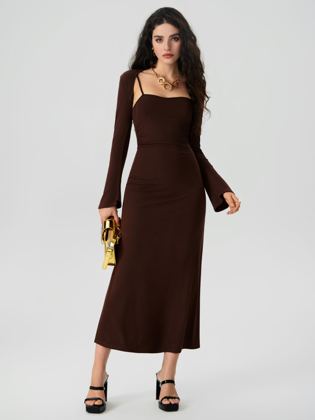 Quadratischer Ausschnitt Geknotetes Maxikleid & Strickjacke