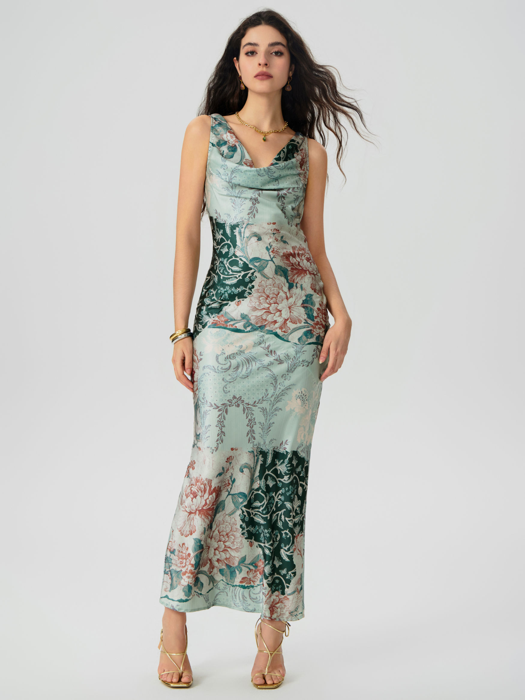 Satin Cowl Neck Floral Maxi Mermaid Dress