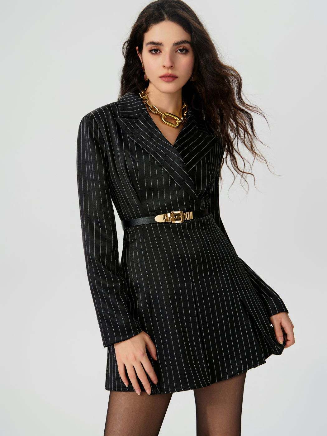 Striped Split Button Blazer Mini Dress With Belt