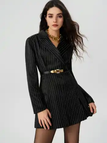 Striped Split Button Blazer Mini Dress With Belt