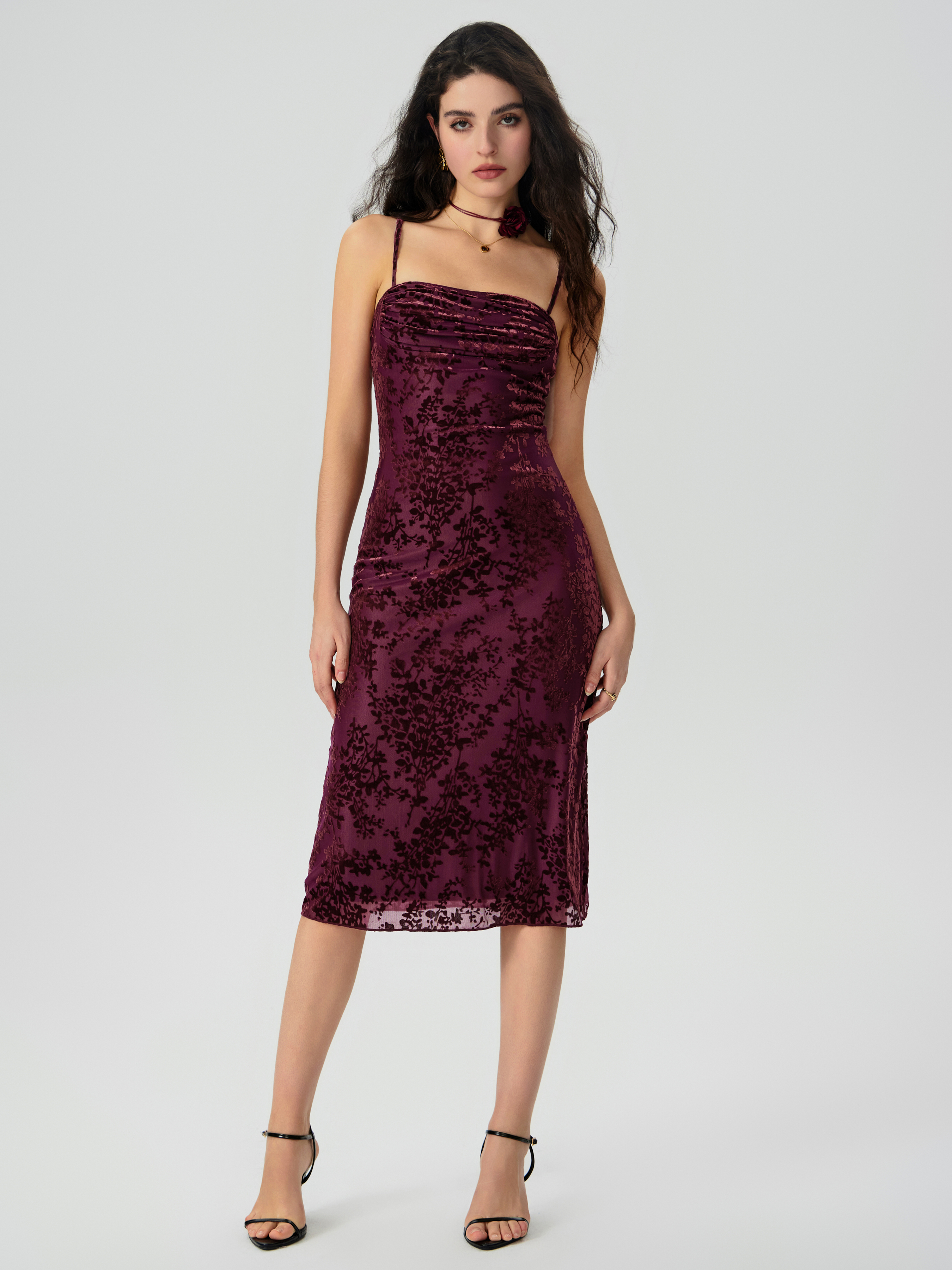 Mesh Ruched Square Neck Floral Maxi Dress