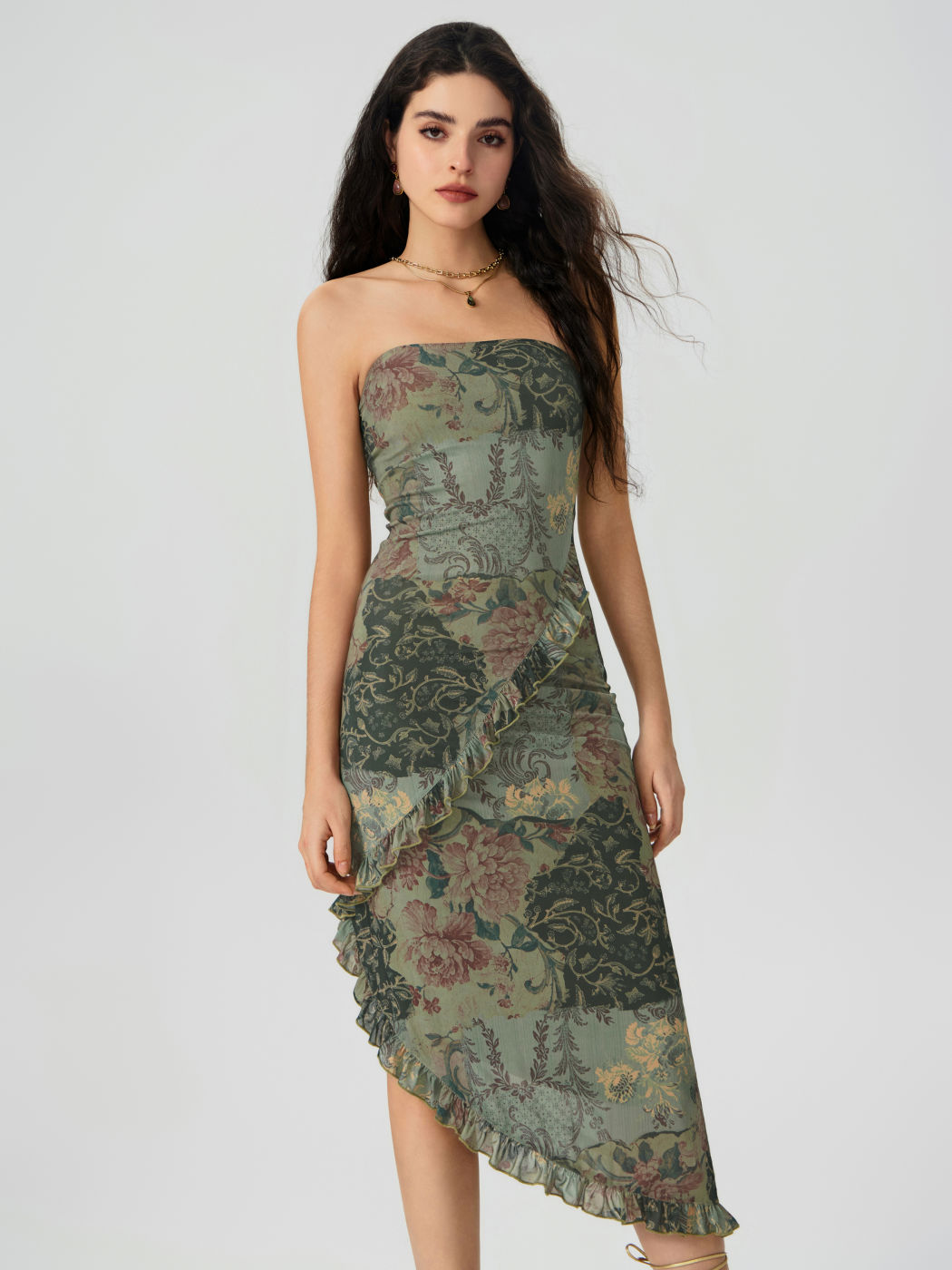 Vestido Midi Tubo Floral con Volantes